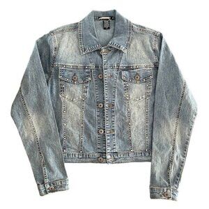 Vintage Mechant Stretch Denim Jean Short Jacket Studded‎ Flower Back Detail